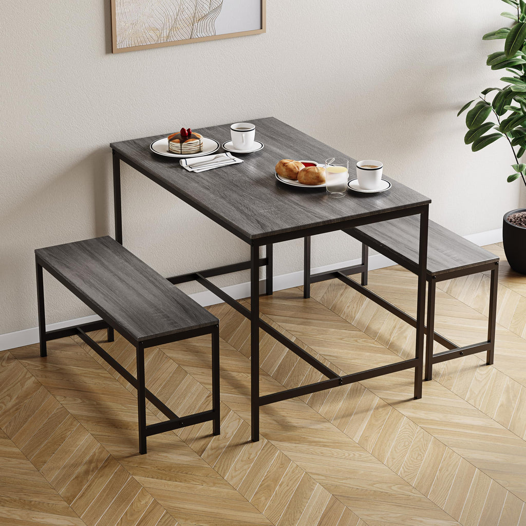 4 Seater Dining Set | Dark Wood | 3 Piece Dining Room Complete Set | 75H x 110W x 70D cm | with 2 Benches | Rustic | Solid Metal Frame | Industrial Design