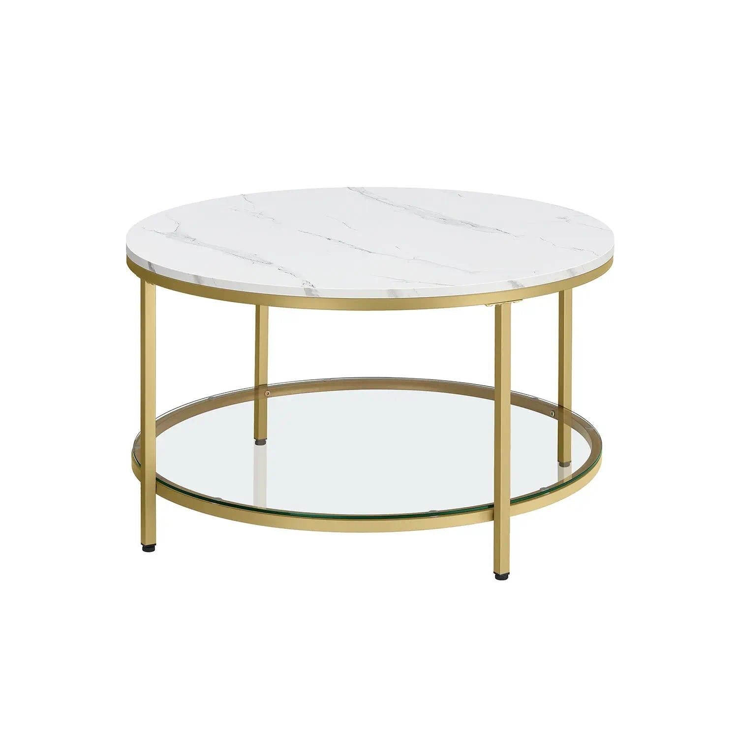 Coffee Table, Living Room Table, Sofa Cocktail Table Faux Marble Round, Tempered Glass Storage Shelf, Easy to Assemble, Modern Style, for Living Room