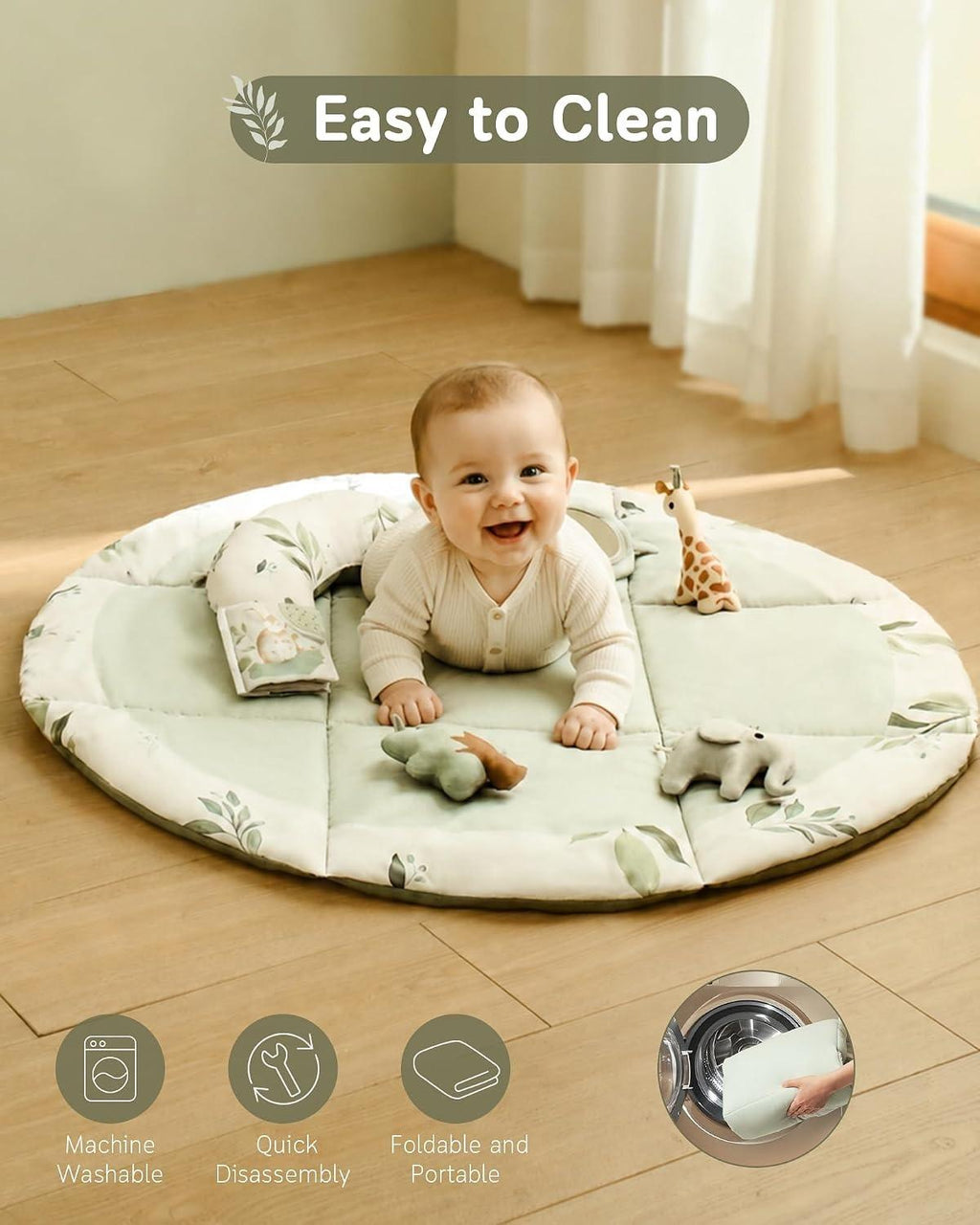 Baby Mat, Tummy Time Activity Play Mat with 5 Detachable Hanging Sensory Toys & Ergonomic Support Pillow, Foldable Machine Washable Infant Play Mat for Newborn Boys Girls 0‑12 Months for Nursery Playroom