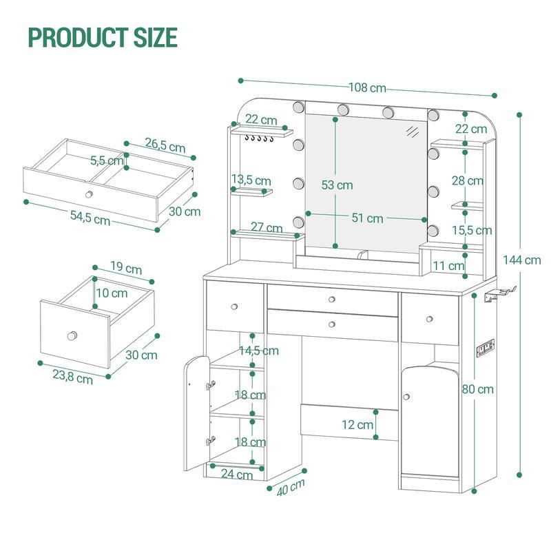 【NS】Dressing Table with Mirror, Vanity Table with Adjustable Brightness, Power Strip, 4 Drawers and 2 Open Cabinets, 5 Jewelry Hooks, Open Compartments, White,