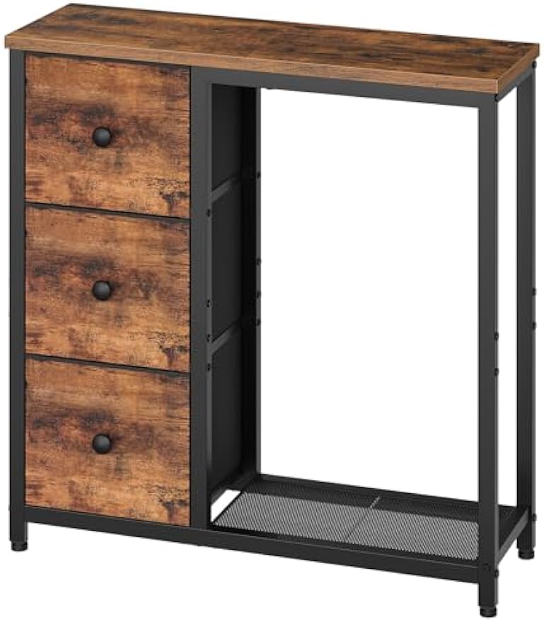 【NS】Slim Console Table, Sofa Table with 3 Fabric Drawers, Hallway Table with 2-Tier Storage Shelf, Industrial Storage Table, for Entryway, Living Room, Corridor, Rustic Brown and Black