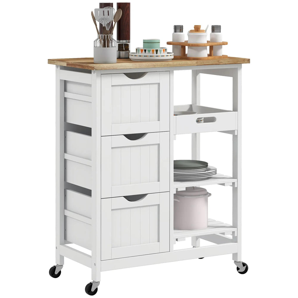 Rolling Kitchen Trolley Cart, Mobile Kitchen Island with Rubberwood Worktop, White MDF Storage Cart with 3 Drawers, Open Shelves & Removable Serving Tray, Lockable Wheels for Dining & Kitchen Storage