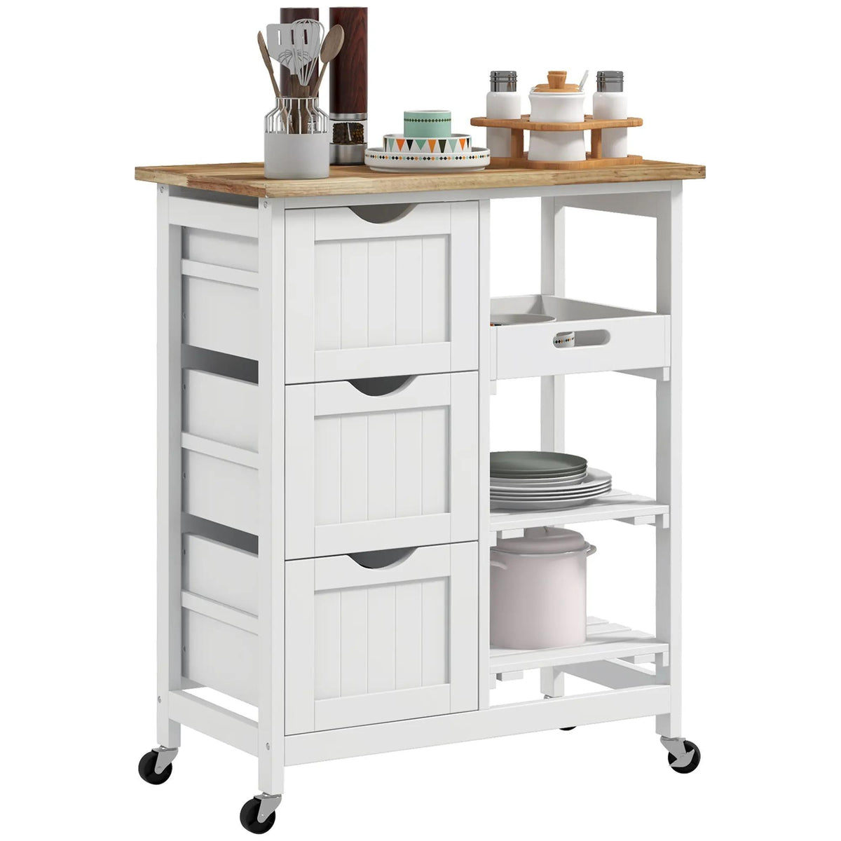 Rolling Kitchen Trolley Cart, Mobile Kitchen Island with Rubberwood Worktop, White MDF Storage Cart with 3 Drawers, Open Shelves & Removable Serving Tray, Lockable Wheels for Dining & Kitchen Storage
