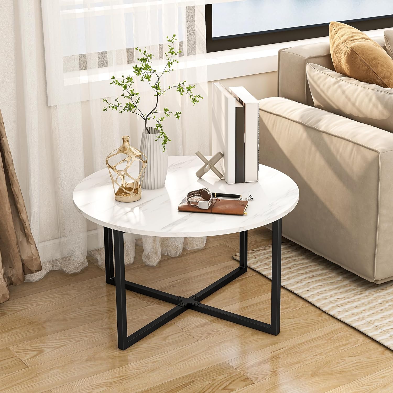 Round Coffee Table for Living Room - Modern Black & White Tea Table with Sturdy Metal Legs, Compact Design