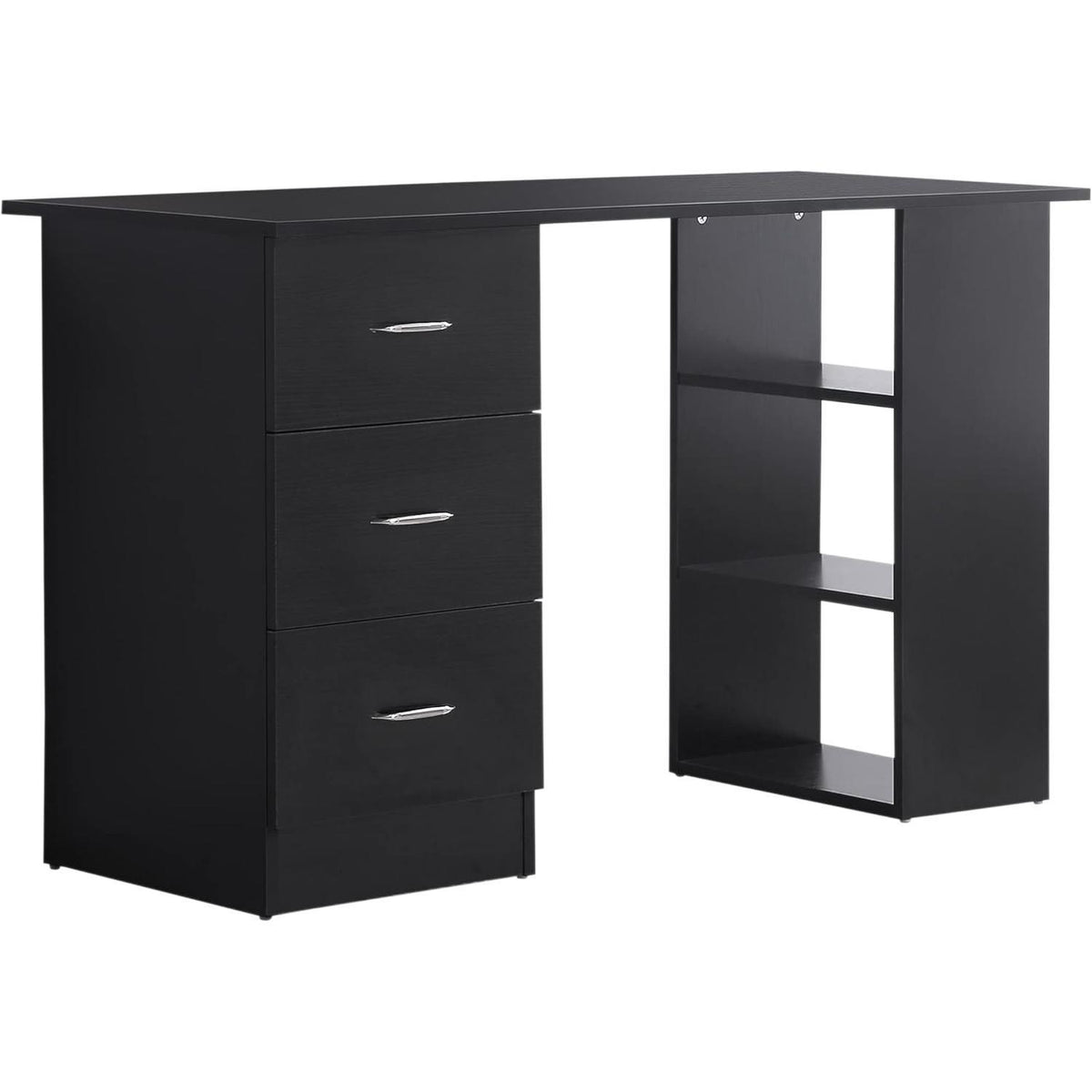 【NS】Computer Desk, Writing Table, PC Workstation with 3 Storage Shelves and Drawers, Silver Handle, for Home Office, White