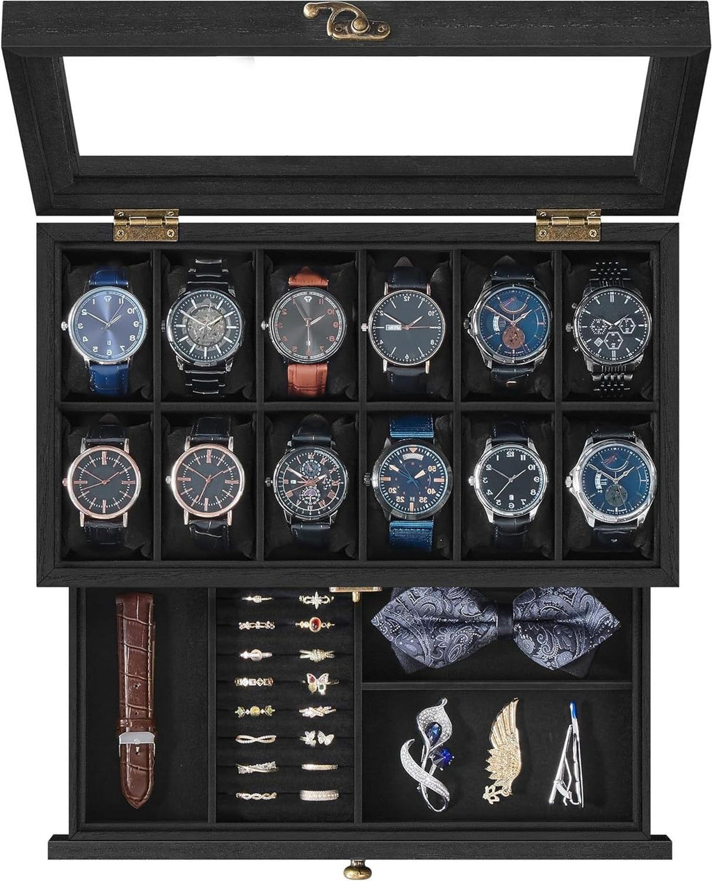 12-Slot Ink Black Wooden Watch Box with Glass Lid - 2-Tier Luxury Case for Men & Women | Velvet Lining & Watch Pillows, Stylish Jewellery Storage | Ideal Gift + FREE Gift Included | Organize Watches in Elegant Fashion