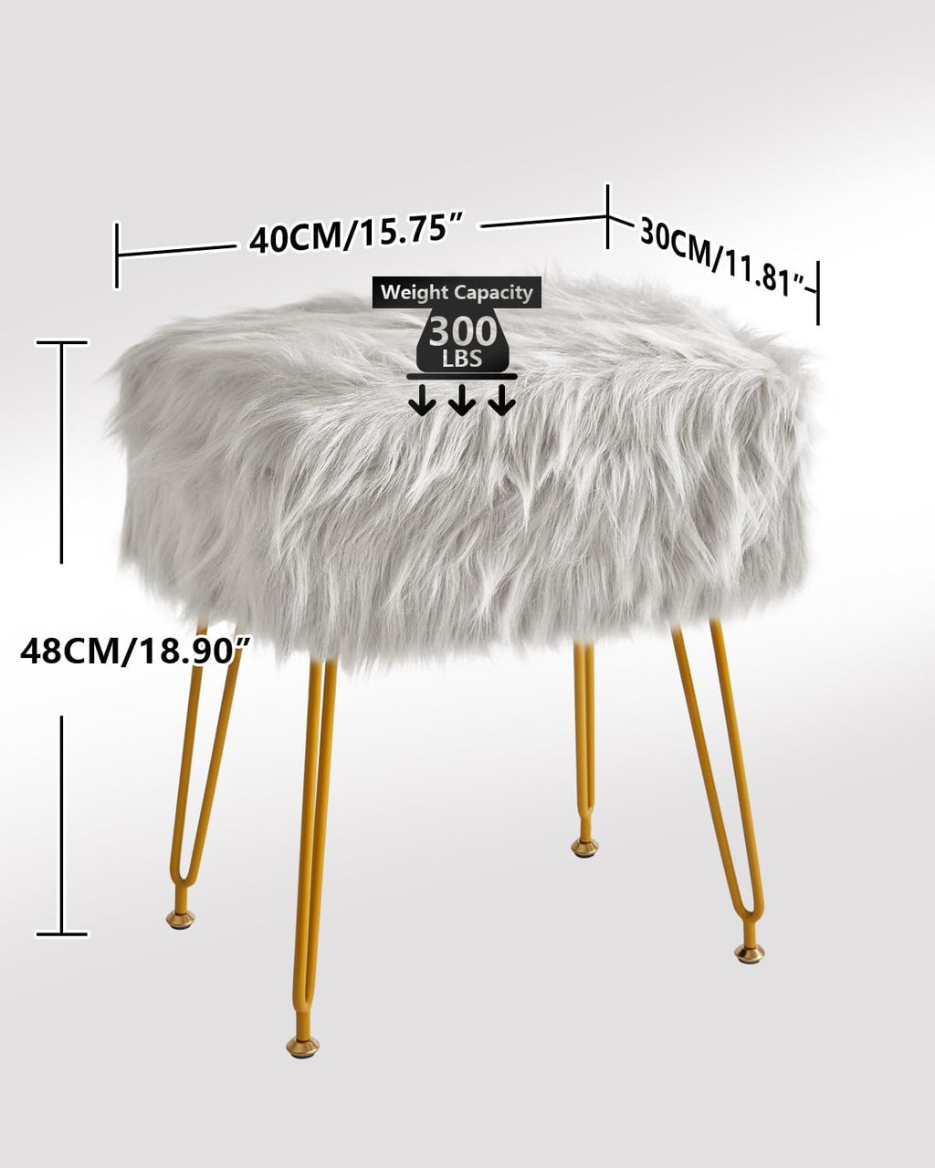 Rectangular Faux Fur Vanity Stool with Storage, Furry Makeup Chair Ottoman, Soft Padded Seat, Round Footrest Footstools with 4 Metal Legs, for Living Room Bedroom Entryway,