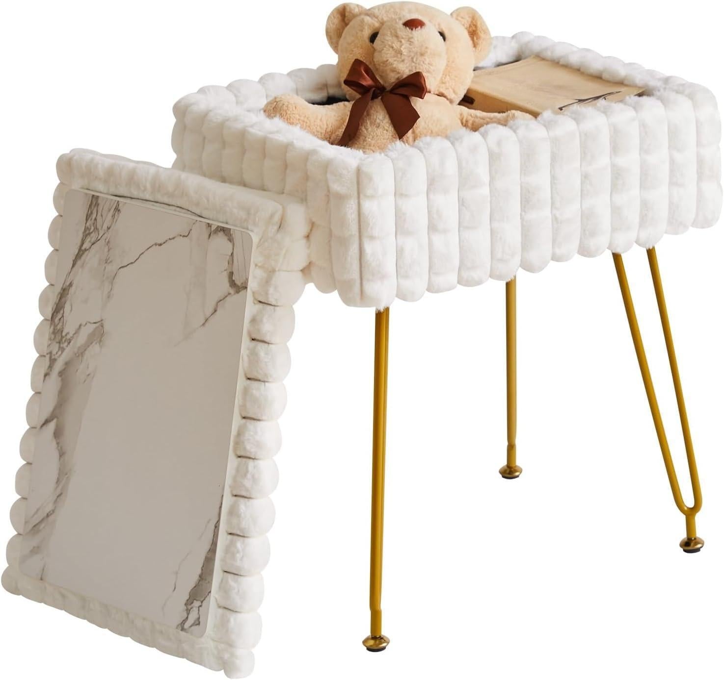 White Rectangular Vanity Chair with Storage – Ottoman Footrest Stool with Anti-Slip Feet & Square Grid Design, Perfect for Bedroom and Makeup Room
