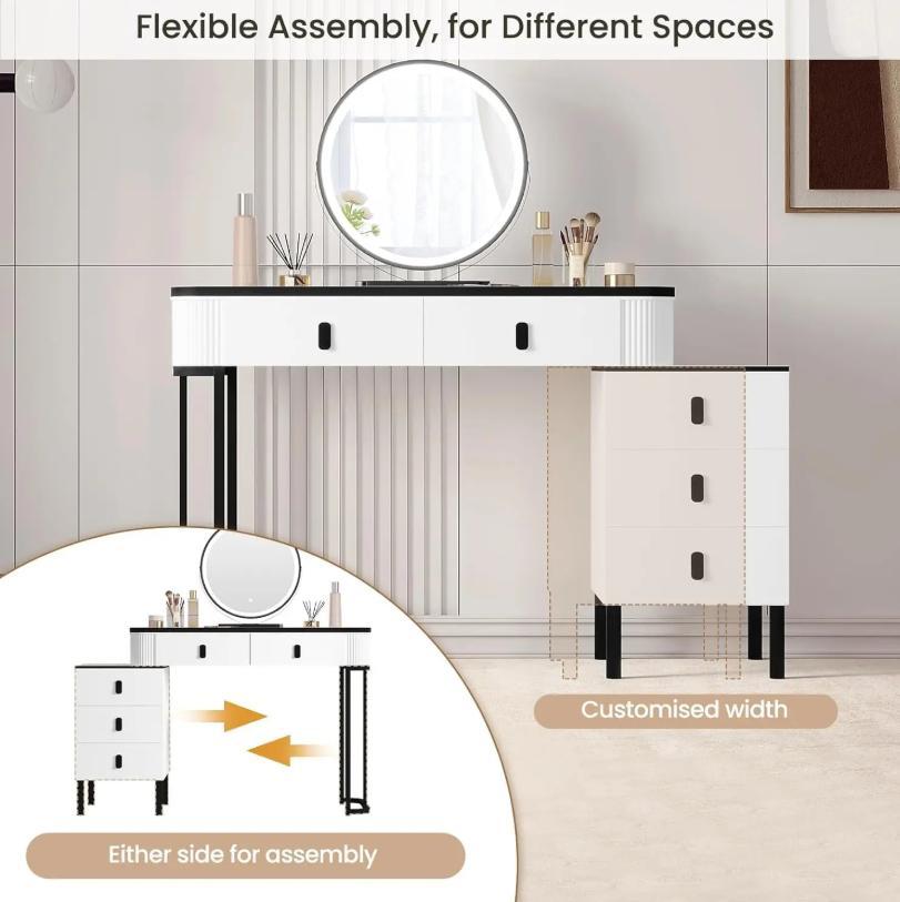 Dressing Table Vanity Desk with 3‑Colour Dimmable LED Swivel Mirror, 100×40cm Makeup Table with 5 Drawers & Removable Side Cabinet for Bedroom