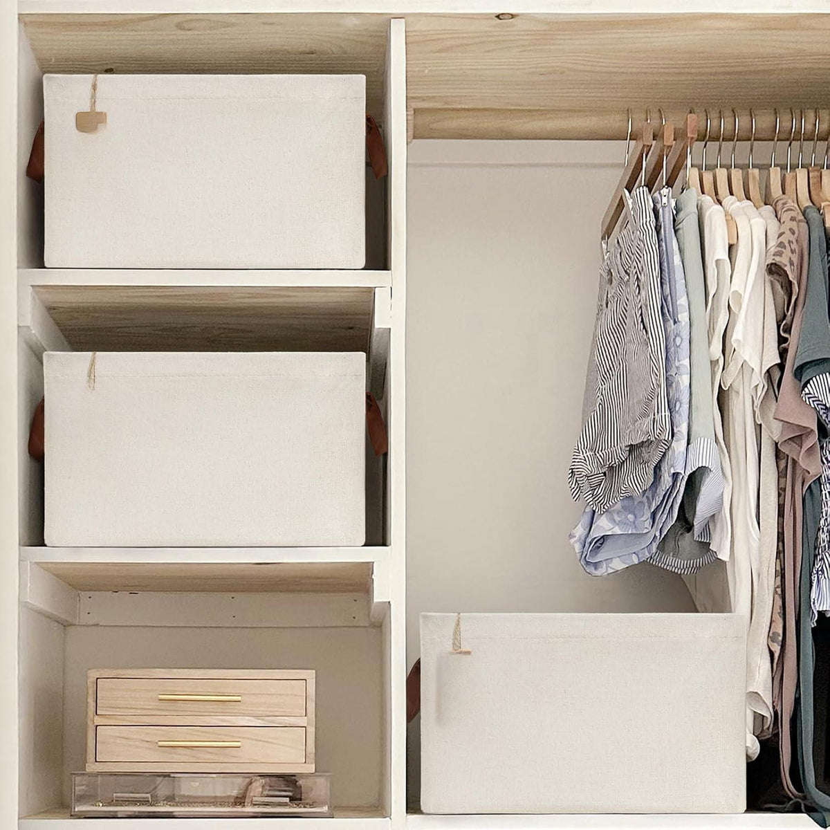 Storage Baskets, Storage Boxes for Shelves, Closet Organizers, Baskets for Shelves, Large Foldable Wardrobe Fabric Boxes, 43 x 28 x 25 cm, Beige, 2-Pack