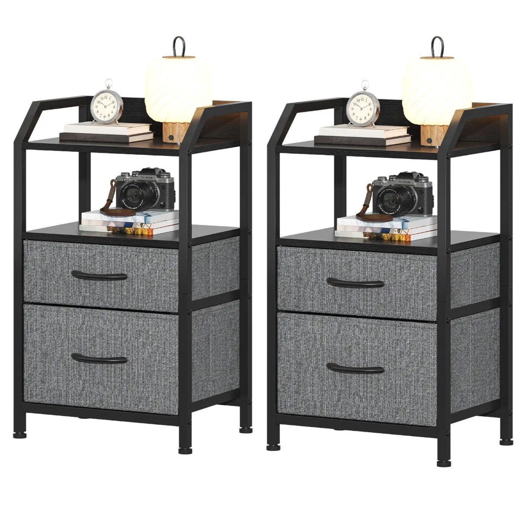 Set of 2 Rustic Industrial Nightstands, Wood and Metal Bedside Table with Drawers & 2 Open Storage Shelves, Multi-Purpose End Table Sofa Side Table, Bedside Organizer Cabinet for Bedroom Living Room Small Spaces