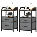 Set of 2 Rustic Industrial Nightstands, Wood and Metal Bedside Table with Drawers & 2 Open Storage Shelves, Multi-Purpose End Table Sofa Side Table, Bedside Organizer Cabinet for Bedroom Living Room Small Spaces