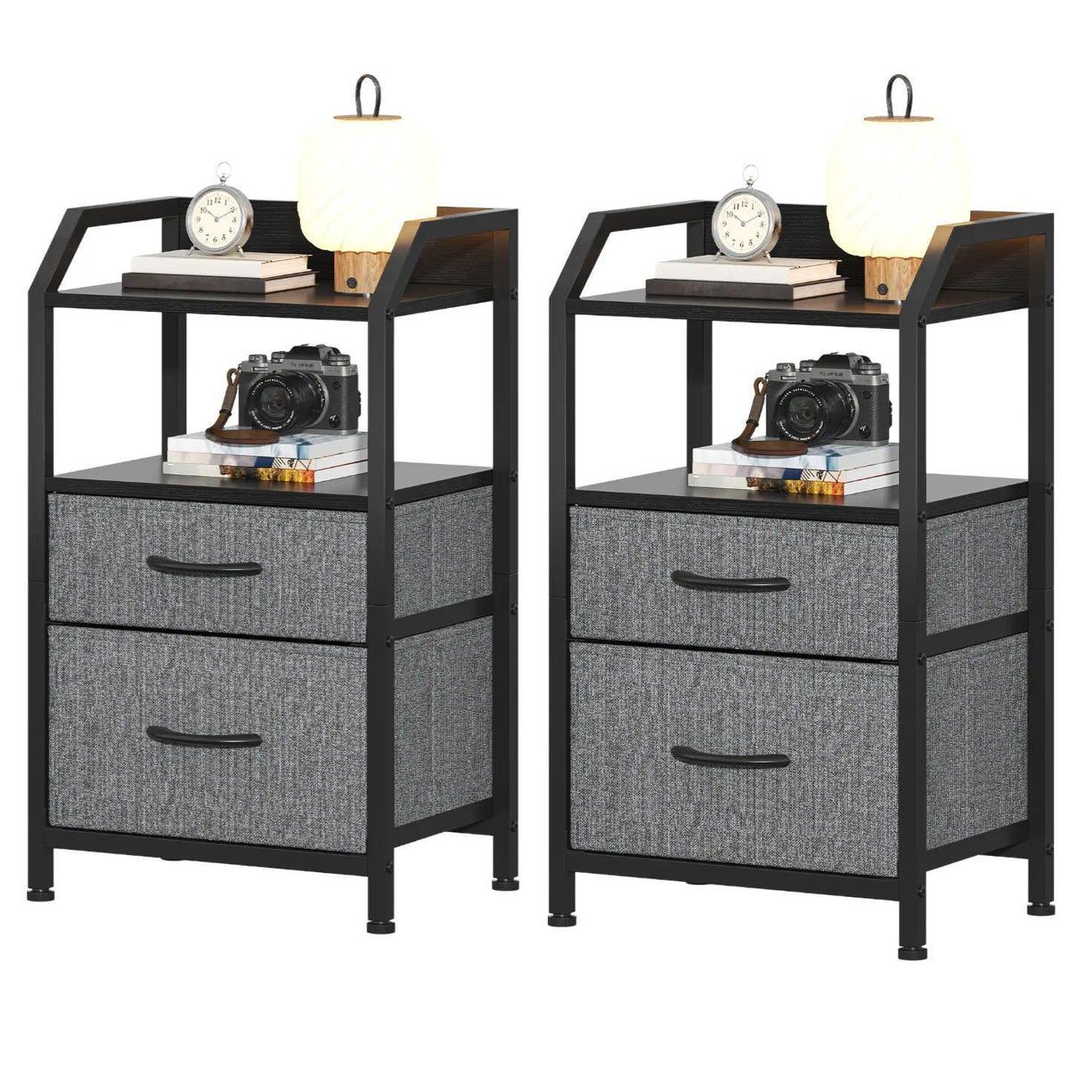 Set of 2 Rustic Industrial Nightstands, Wood and Metal Bedside Table with Drawers & 2 Open Storage Shelves, Multi-Purpose End Table Sofa Side Table, Bedside Organizer Cabinet for Bedroom Living Room Small Spaces