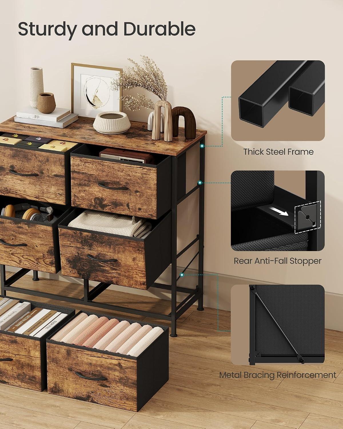 Rustic Brown 6 Fabric Drawers Chest of Drawers, Steel MDF Non‑Woven Storage Unit Dresser with Handy Handles Anti‑Tip Kit Adjustable Feet for Bedroom Closet Hallway Living Room