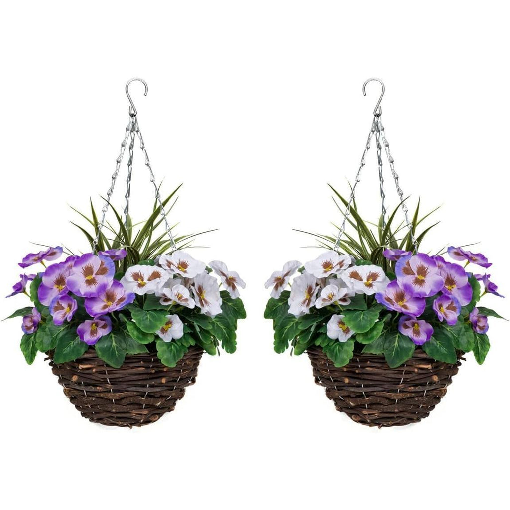 2 Pcs Coco Coir Artificial Hanging Planters, Fake Pink White Pansies Floral Arrangement with Decorative Grasses, UV Waterproof Hanging Basket for Indoor Outdoor Garden Decor