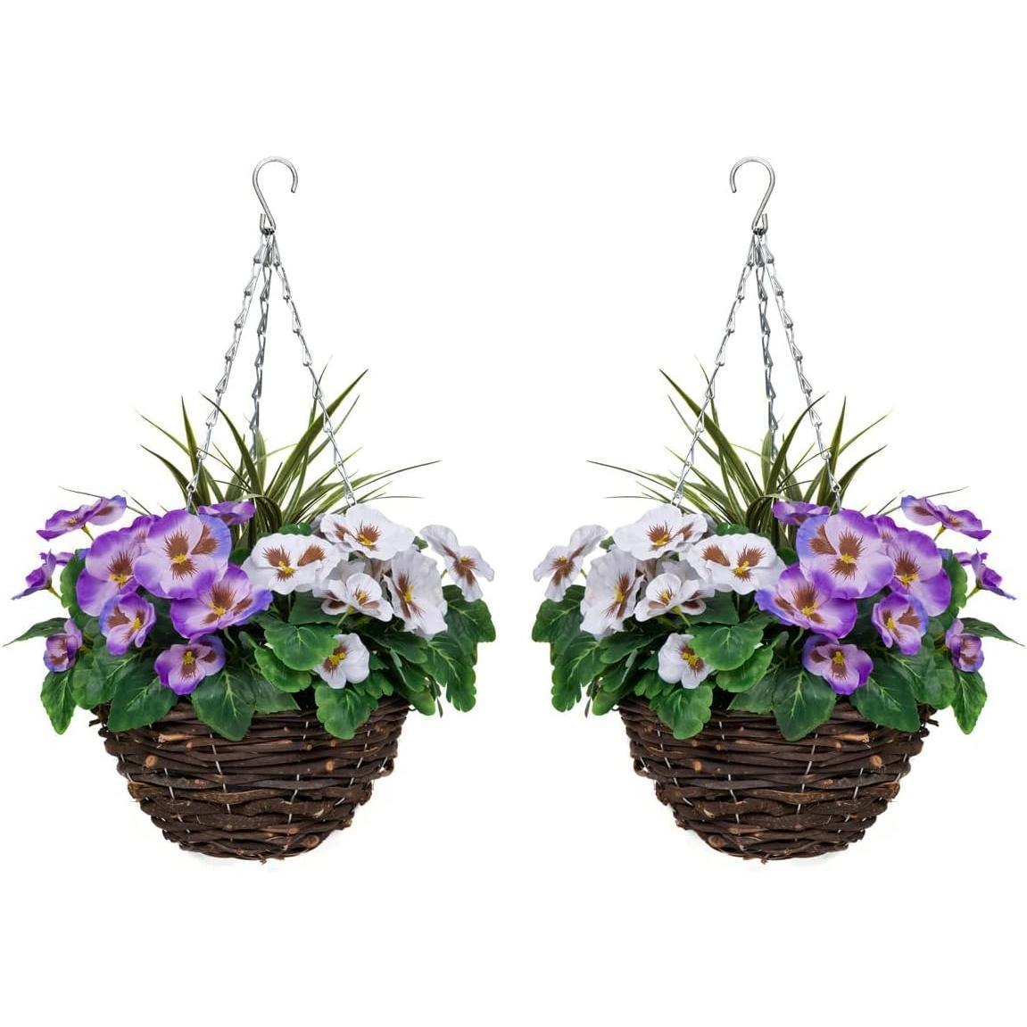 2 Pcs Coco Coir Artificial Hanging Planters, Fake Pink White Pansies Floral Arrangement with Decorative Grasses, UV Waterproof Hanging Basket for Indoor Outdoor Garden Decor