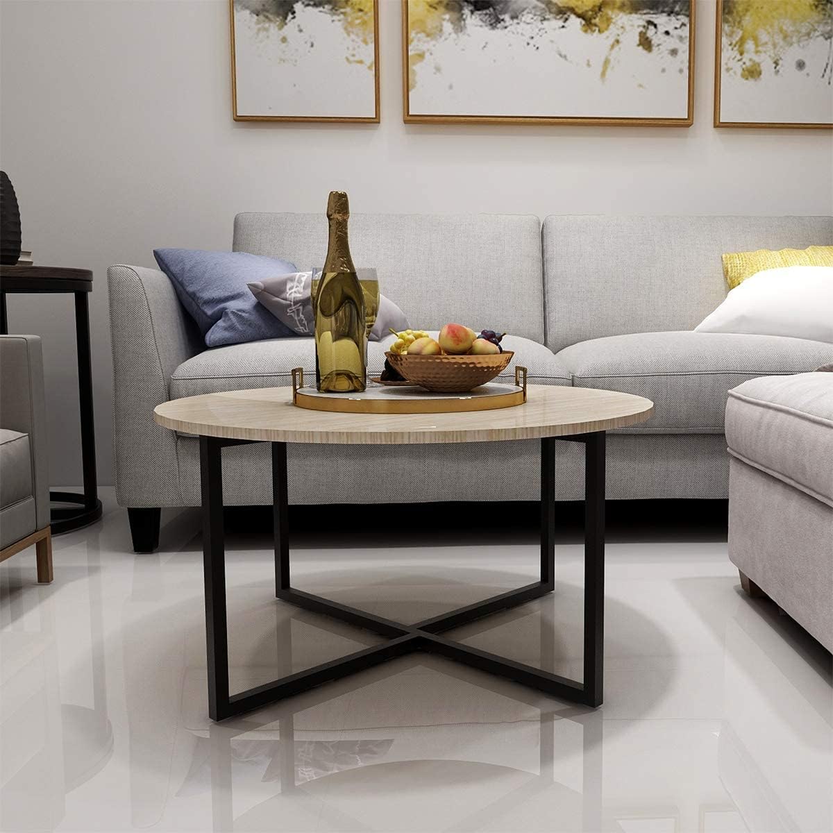 Round Coffee Table for Living Room - Modern Black & White Tea Table with Sturdy Metal Legs, Compact Design