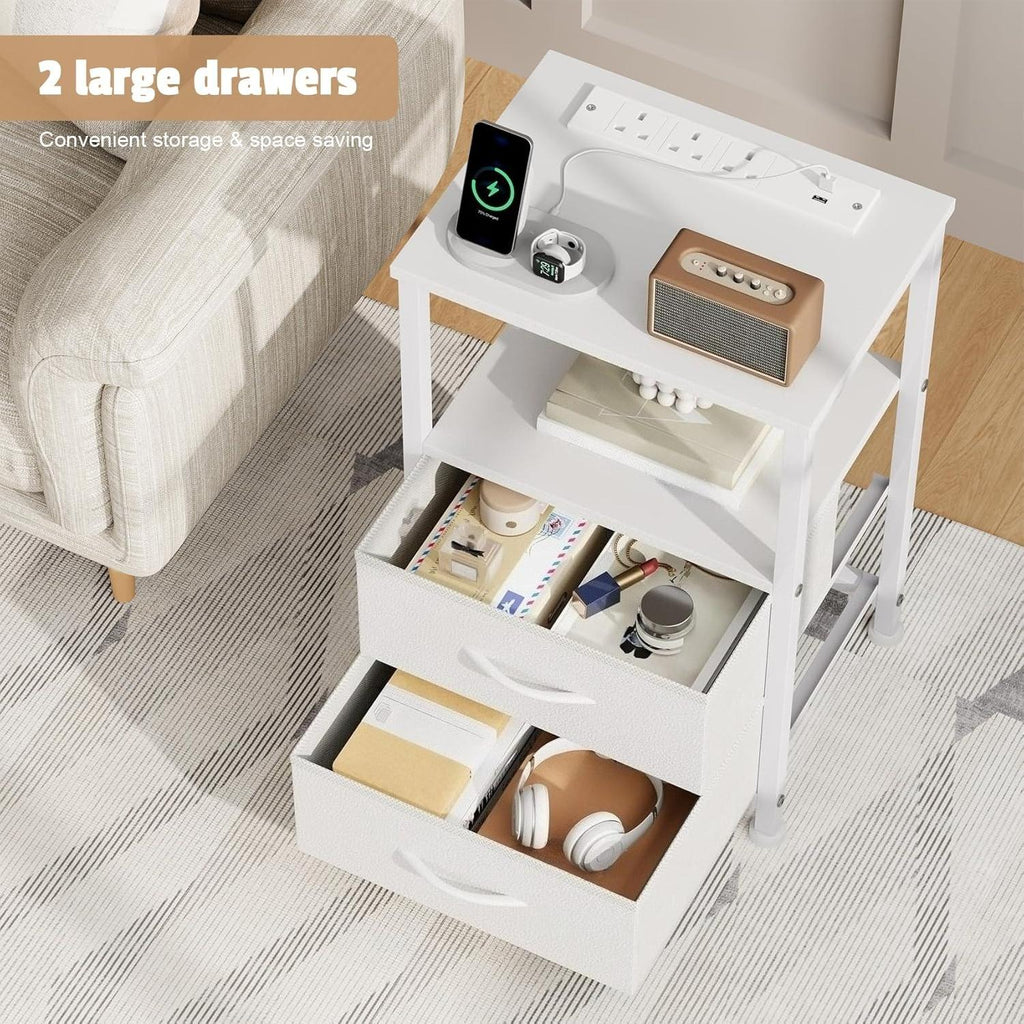40cm Wide Bedside Table with USB Charging Station & LED Lights, 2 Fabric Drawers Nightstand, Slim End Table for Small Spaces, Bedroom, Living Room, Rustic Brown [Plus A Free Gift]