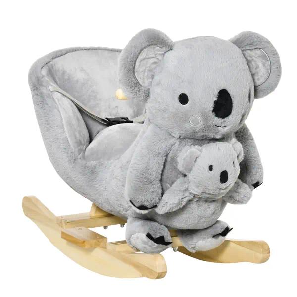 Cute Koala Toddler Rocking Animal Toy, Plush Ride‑On Rocker Chair with Sound & Detachable Puppet, Anti‑Tip Solid Wood Base with Safety Harness for Kids 18‑36 Months, Bedroom Play Gift