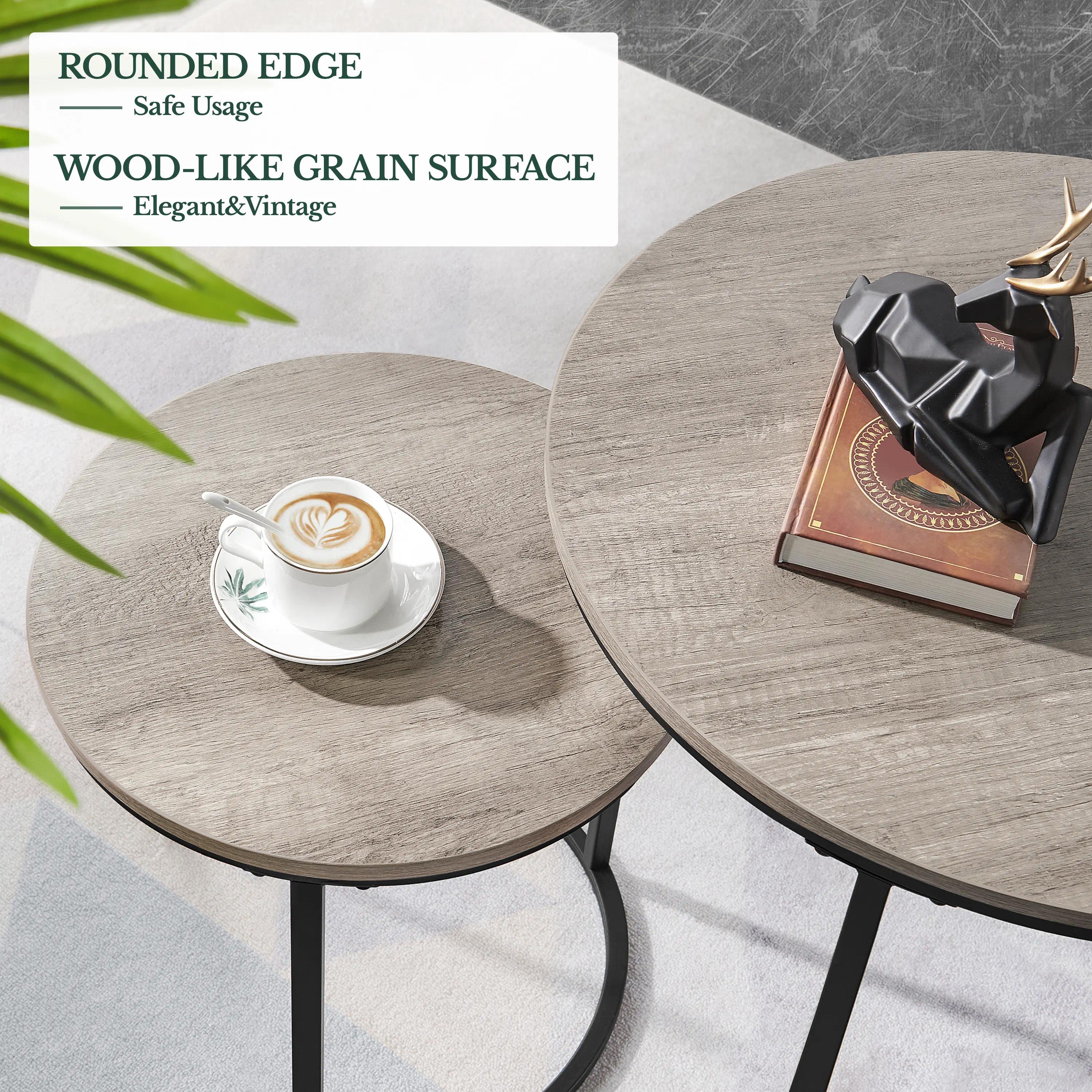 Grey Round Nesting Coffee Tables Set of 2, Faux Wood Grain Top, Scratch & Water Resistant, Sturdy Iron Frame, 40kg Load Capacity, Space-Saving Design for Living Room [Plus A Free Gift]