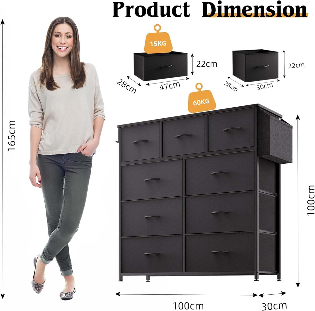 9 Drawers Metal Frame Dresser - Canvas Fabric Chest of Drawers with Label Cards, Side Pocket & Hook for Bedroom, Living Room, Hallway Storage Organizer [Plus A Free Gift]