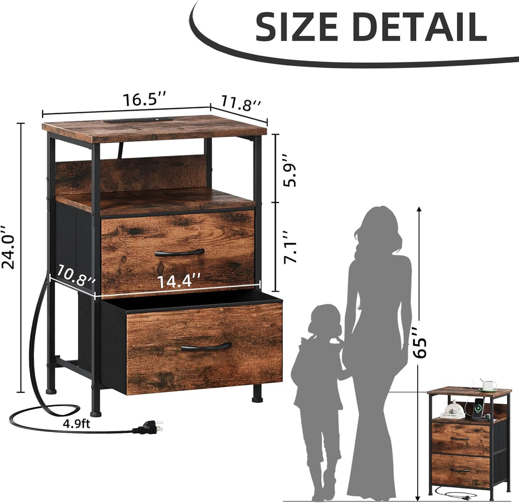 【NS】Bedside Table with Charging Station and LED Light, Bedroom 2 Drawers Bedside Cabinet with 2 Outlets and 2 USB Ports, Bed Side Table for Dorm Kids Room Closet, Wood Grain Print