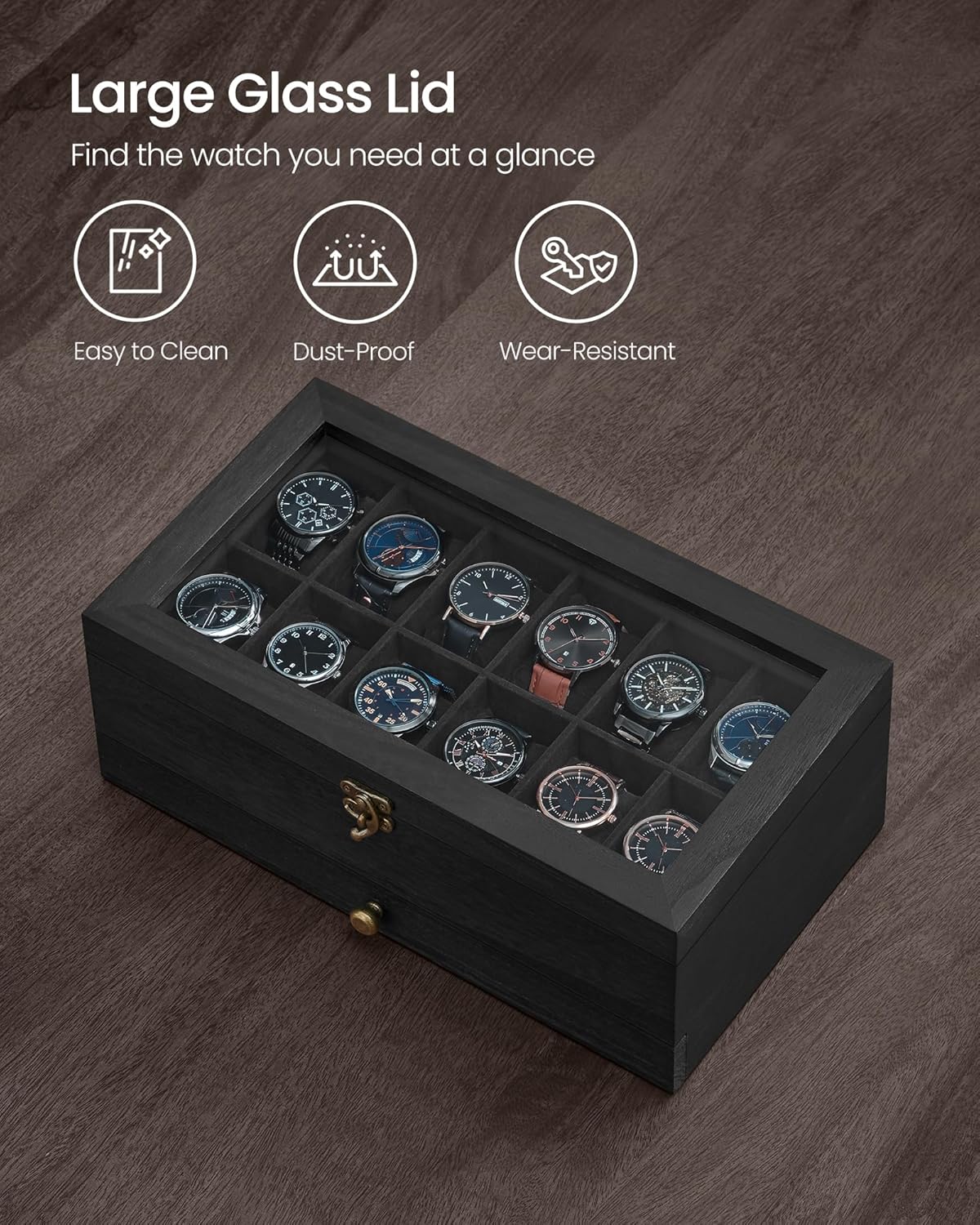 12-Slot Ink Black Wooden Watch Box with Glass Lid - 2-Tier Luxury Case for Men & Women | Velvet Lining & Watch Pillows, Stylish Jewellery Storage | Ideal Gift + FREE Gift Included | Organize Watches in Elegant Fashion