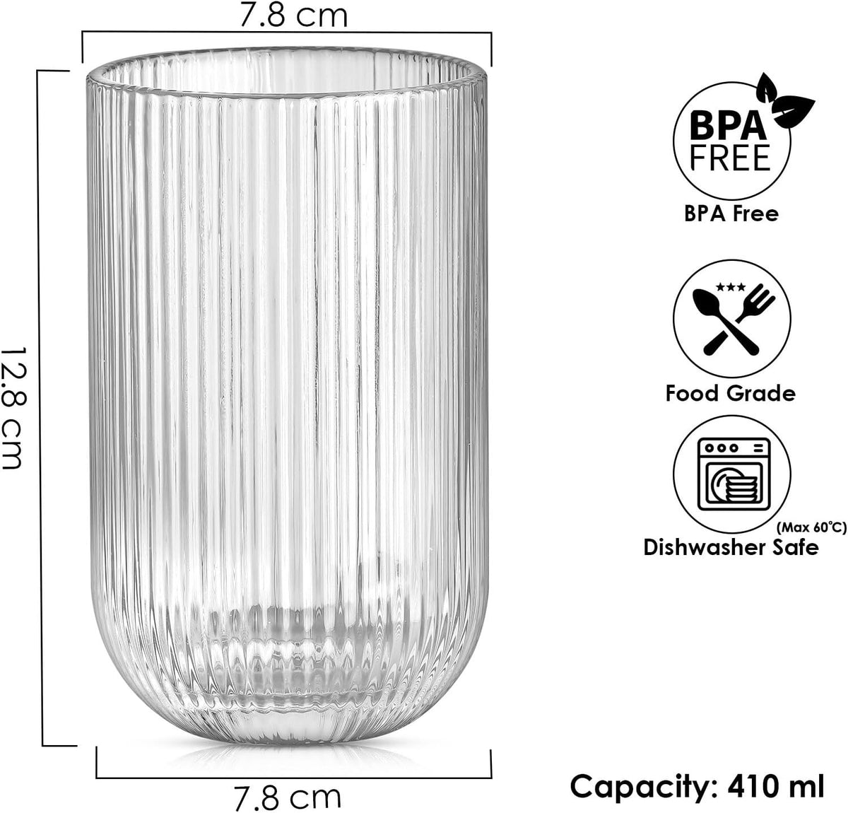 410ml Ribbed Highball Glasses Tall Hi Ball Glassware for Water Gin Juice Cocktail Ideal for Home Restaurant Events & Parties Dishwasher Safe