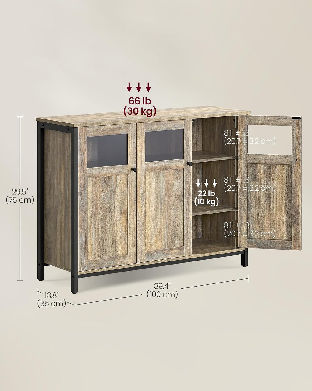 Industrial Style Sideboard Buffet Cabinet, Glass & Solid Panel Storage Cabinet with Adjustable Shelf and Robust Steel Frame, Modern Multipurpose Accent Furniture for Kitchen, Hallway, Living Room and Dining Room Decor