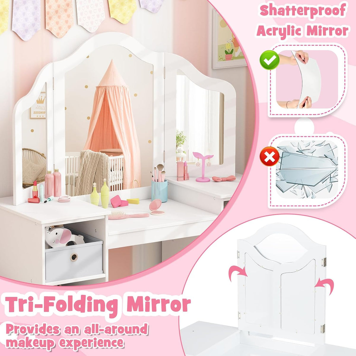 【NS】Kids Vanity Table and Stool Set, Princess Makeup Dressing Tables with Tri-Folding Detachable Mirror, 4 Storage Shelves, Wooden Children Study Desk for 3+ Years Old (White with Grey Bins)