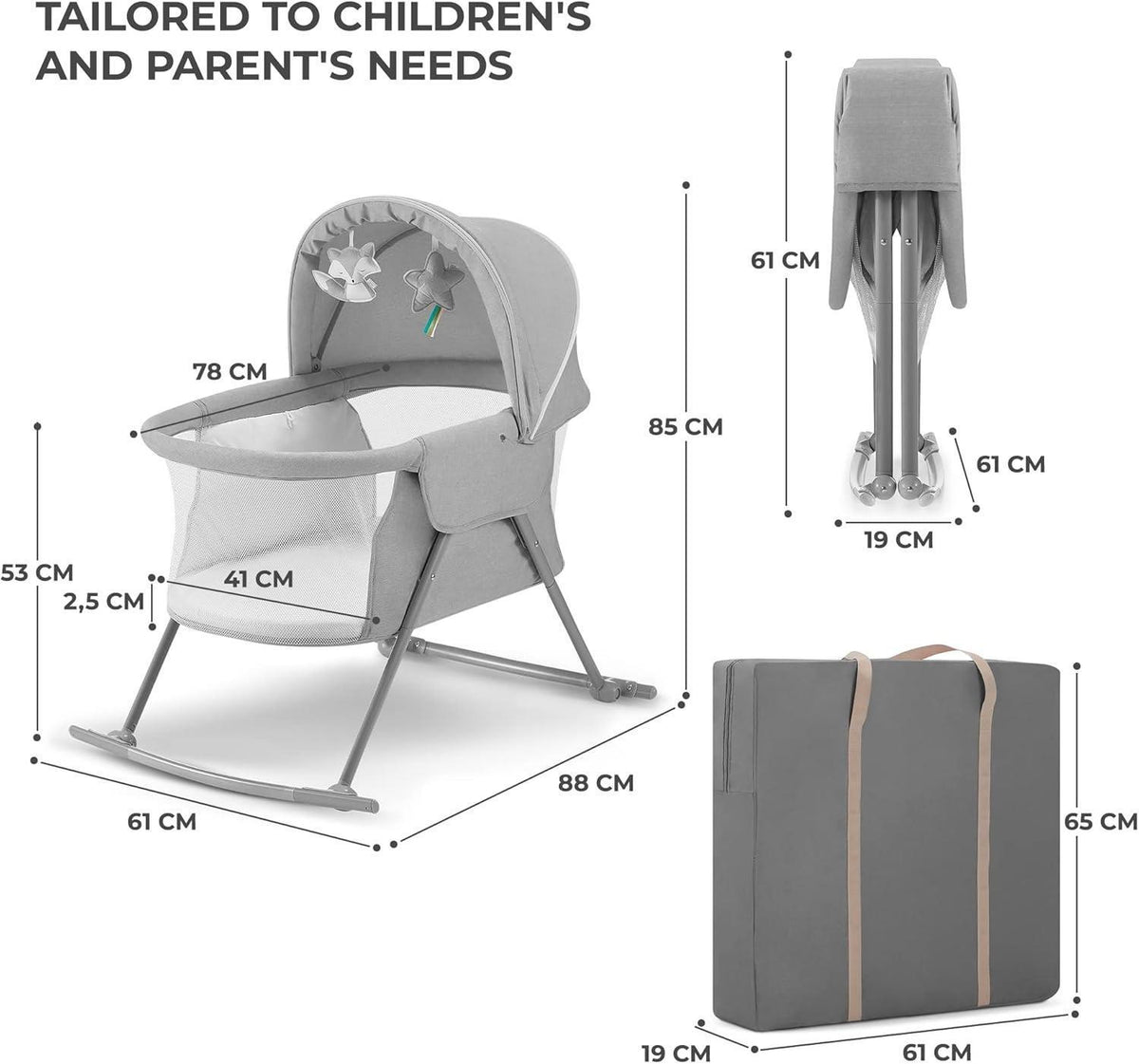 3-in-1 Foldable Baby Crib with Adjustable Canopy, Mattress Cover, Toys & Carry Bag - for Newborns 0-9kg, Gray - Compact & Portable Design