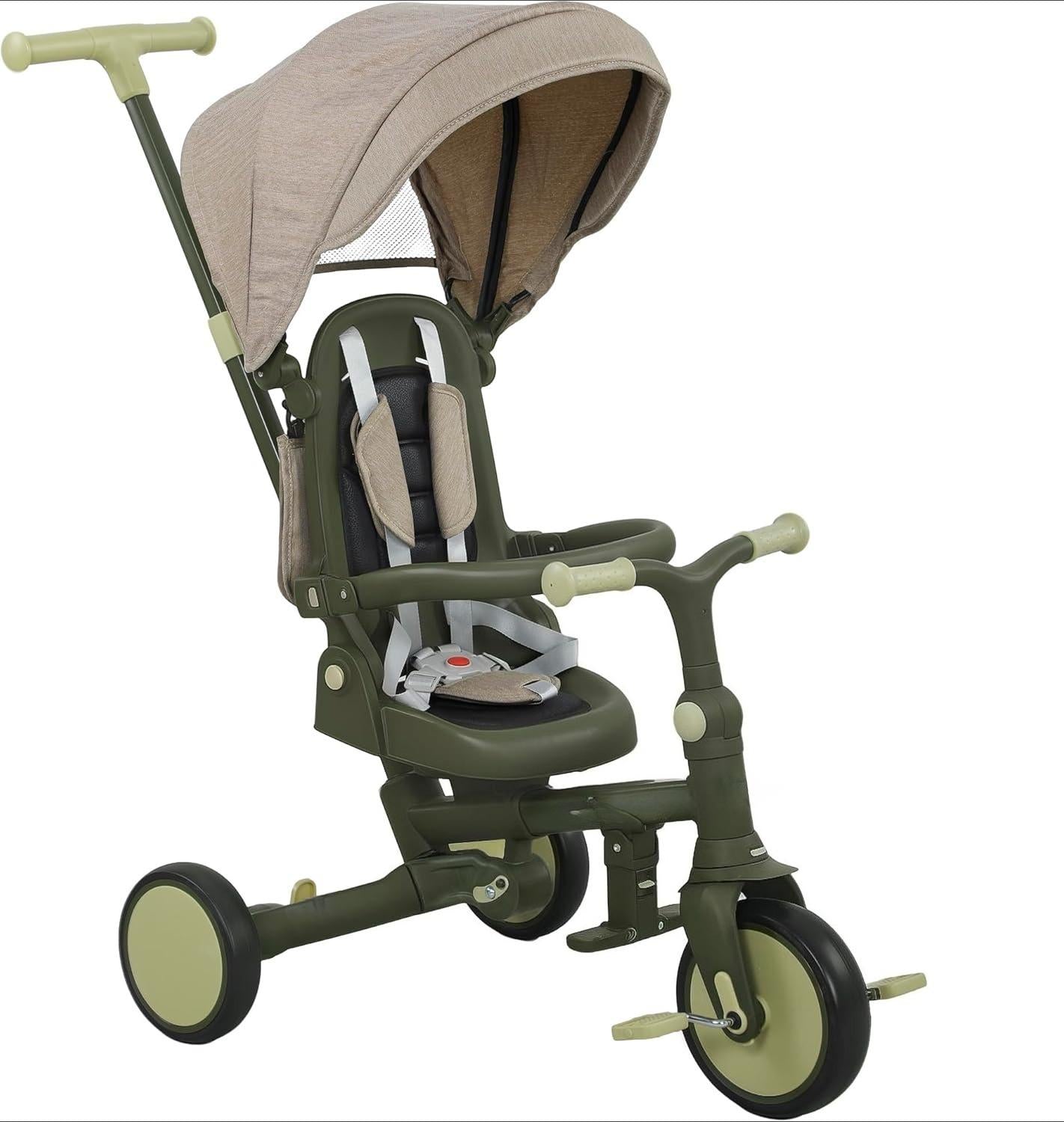 5‑in‑1 Grow‑With‑Kid Foldable Toddler Tricycle Stroller, Convertible Kids Ride‑On Trike with 5‑Point Safety Harness, Adjustable Push Handle & UV Protection Canopy, Compact Outdoor Toy for Family Outings, Ages 1‑3 Years Old