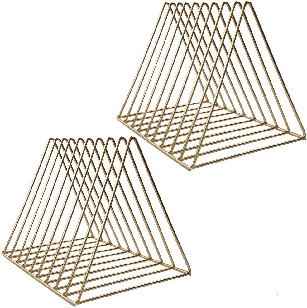 2 Pack Triangle Desktop Magazine File Holder Rack, Sturdy 9 Slot Iron Storage Book Sorter Organizer Bookshelf for Office Home Decoration (Gold)