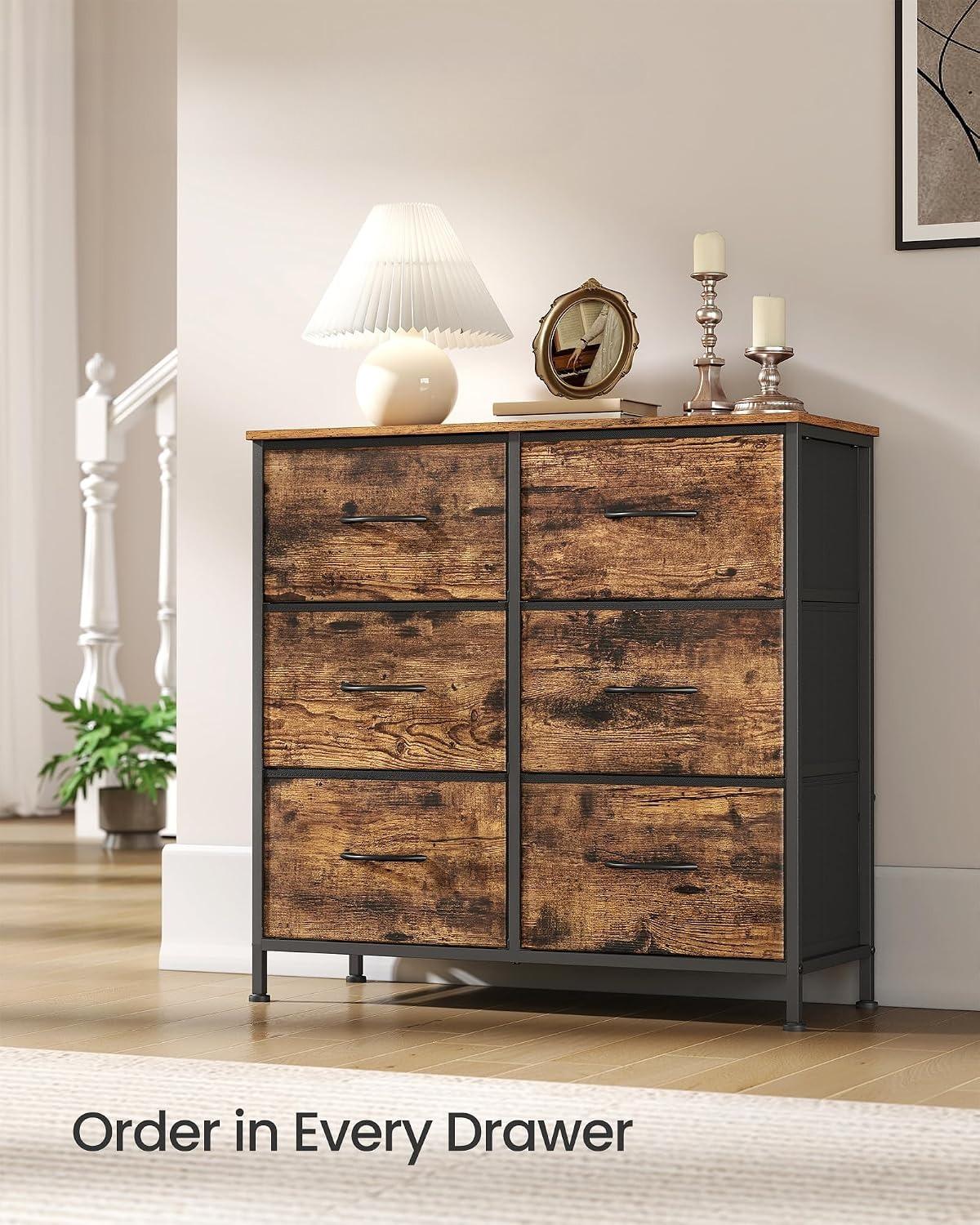 Rustic Brown 6 Fabric Drawers Chest of Drawers, Steel MDF Non‑Woven Storage Unit Dresser with Handy Handles Anti‑Tip Kit Adjustable Feet for Bedroom Closet Hallway Living Room