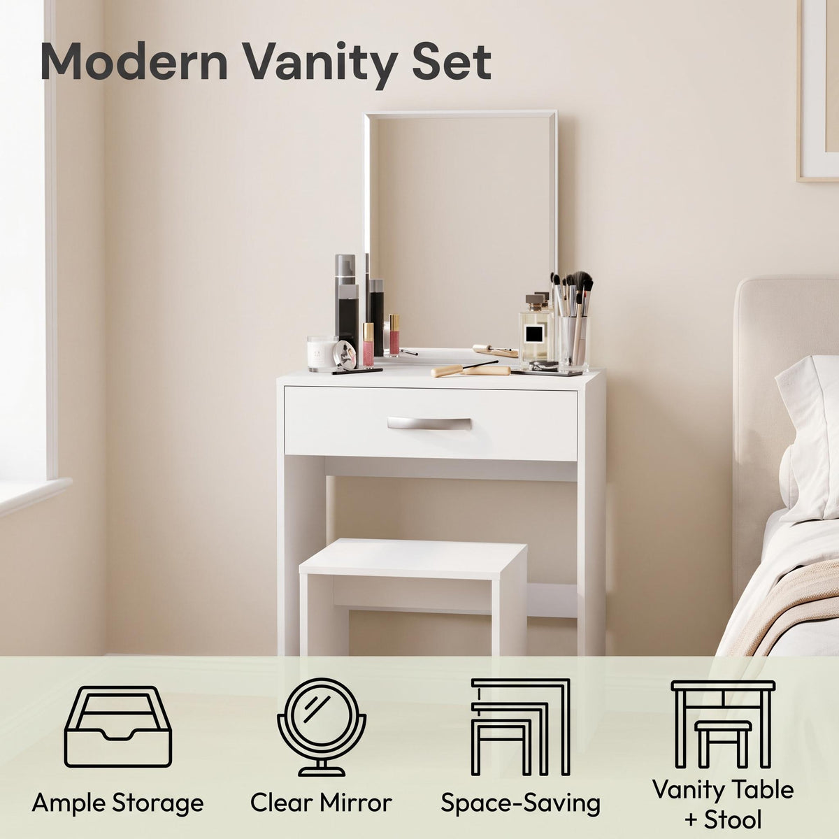 Dressing Table 1 Drawer Mirror & Stool Bedroom Set Makeup Vanity Cosmetics Storage Desk Dresser Furniture