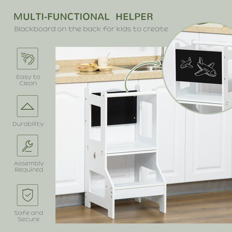 3 in 1 Kids Kitchen Step Stool with Safety Rail, Convertible Toddler Learning Tower with Chalkboard, Anti-Slip Montessori Standing Tower Helper for Kitchen Counter, Bathroom Sink, White