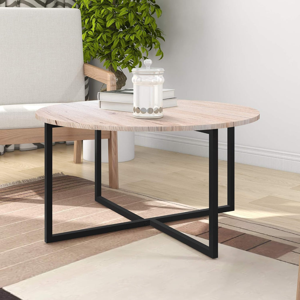 Round Coffee Table for Living Room - Modern Black & White Tea Table with Sturdy Metal Legs, Compact Design