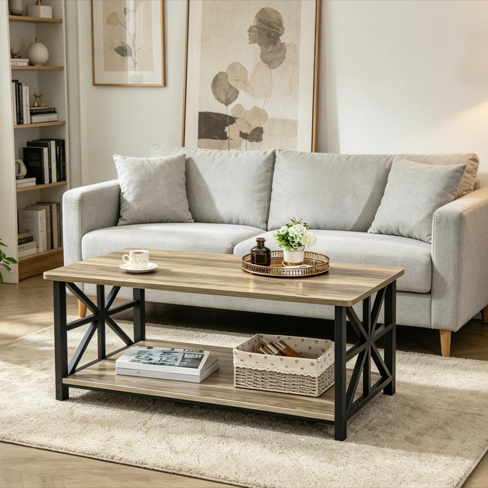 2-Tier Storage Coffee Table, 100cm Modern X-Frame Accent Table with Safe Rounded Corners, Multipurpose Side Table for Living Room Home Office