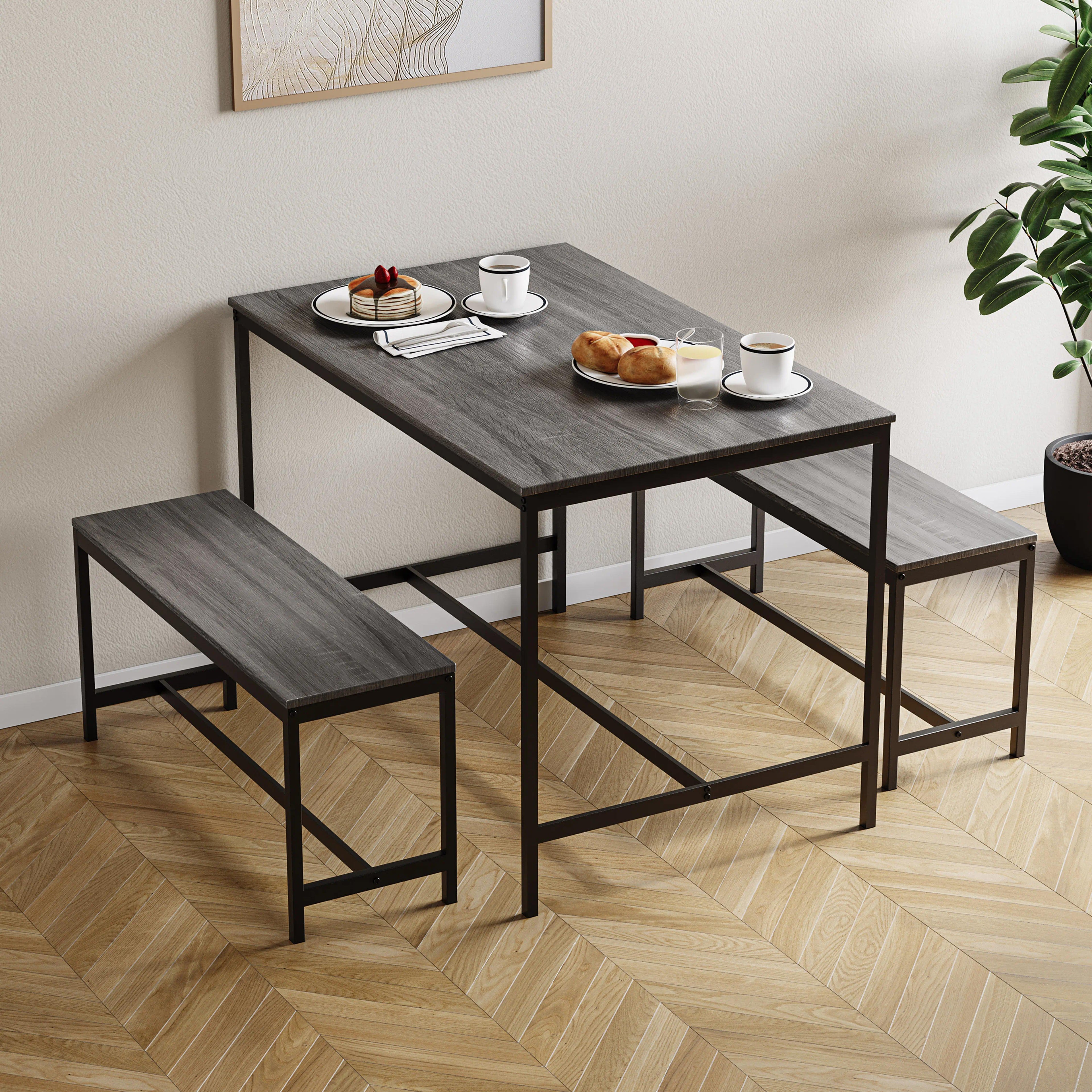 Industrial 3‑Piece Dining Table & Bench Set, 4‑Seater Space‑Saving Kitchen Dining Furniture, Heavy‑Duty Powder‑Coated Metal Frame & Durable MDF Tabletop for Dining Room, Small Apartment
