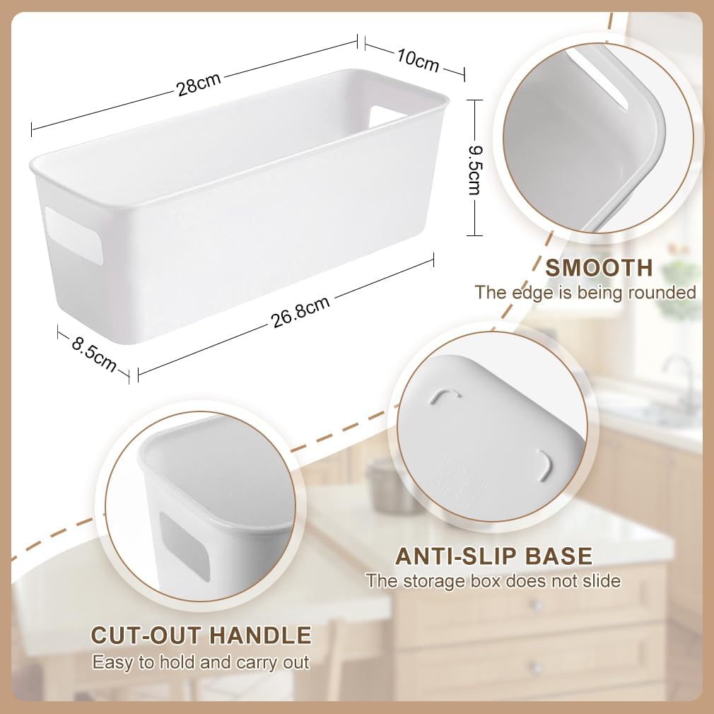 8 pack Narrow Storage Box, Plastic Storage Baskets for Shelves, Slim Kitchen Cupboard Organiser Storage Boxes for Bathroom Cabinet, Drawers, Desktop Organisation, 10 cm Wide Rectangle,White