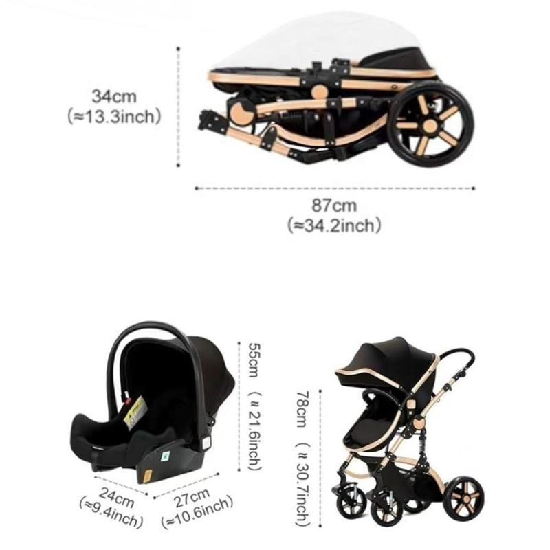 Baby Buggy, Baby Pram, Pushchair, 3 in 1 Travel System, Foldable Stroller, Lightweight Folding All in One Stroller, Portable Baby Carriage for Newborns and Toddlers, Aluminium Frame, Black - Rose Gold