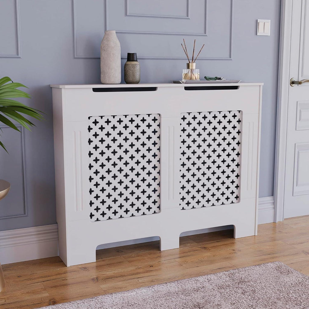 Modern MDF Radiator Cover Small White 82x78x19cm, Traditional Cross Pattern Painted Cabinet with Heat Circulation Grill for Living Room Hallway [Plus A Free Gift]