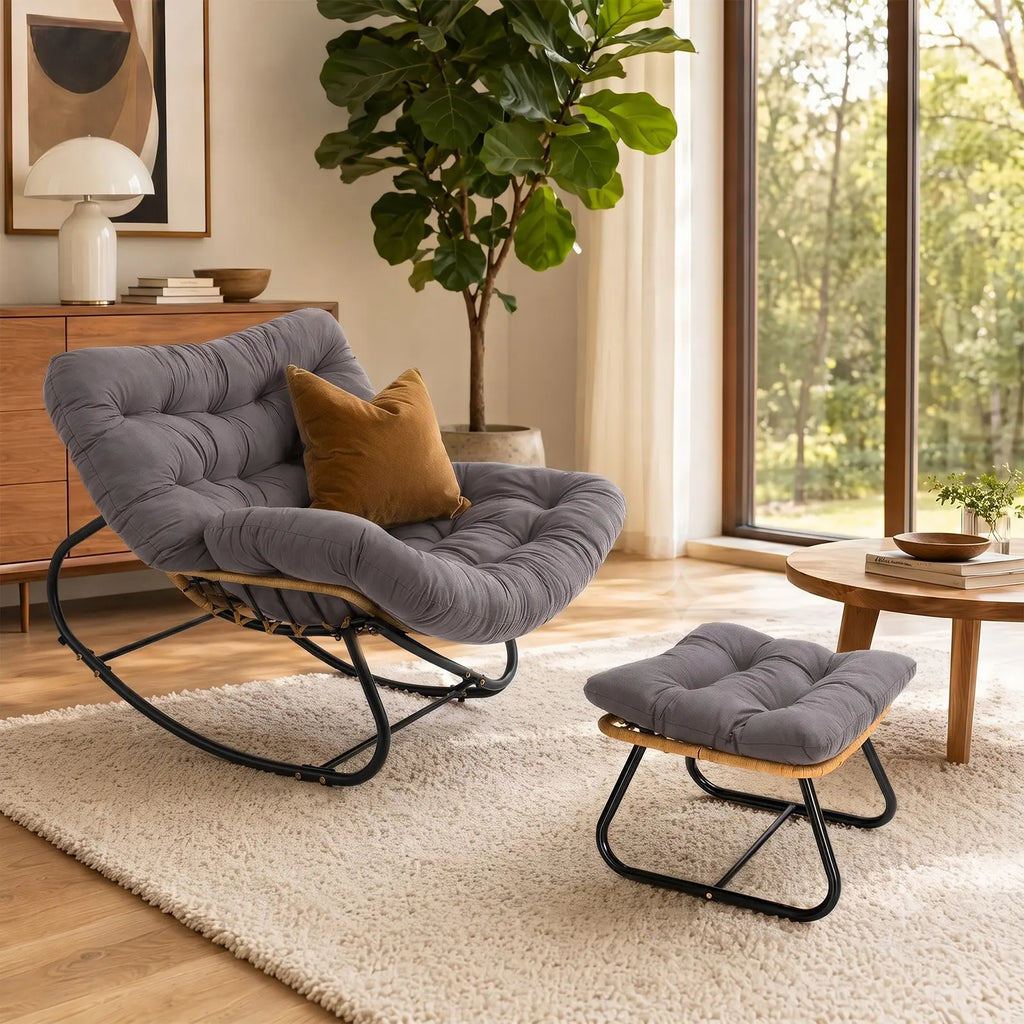 CROWNSHOP Chairs Oversized Rattan Egg Rocking Chair – Outdoor Wicker Chair with Metal Frame, Large Cushioned Seat for Garden & Patio