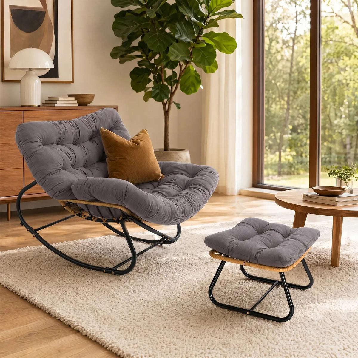 CROWNSHOP Chairs Oversized Rattan Egg Rocking Chair – Outdoor Wicker Chair with Metal Frame, Large Cushioned Seat for Garden & Patio