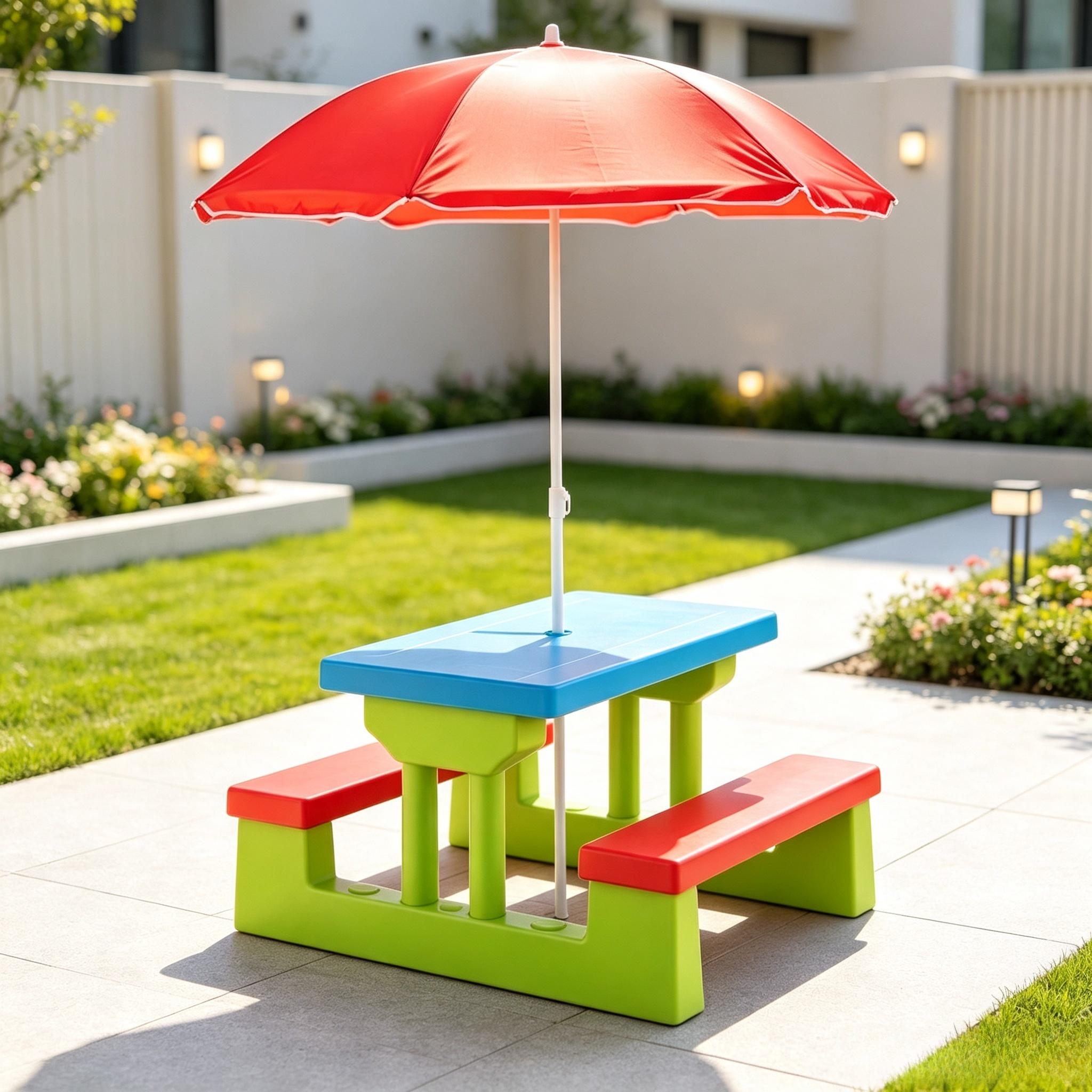 Kids Outdoor Picnic Table with Detachable Adjustable Umbrella, 4-Seater PP Plastic Table & Bench Set, Indoor Backyard Garden Activity Play Furniture for Boys and Girls