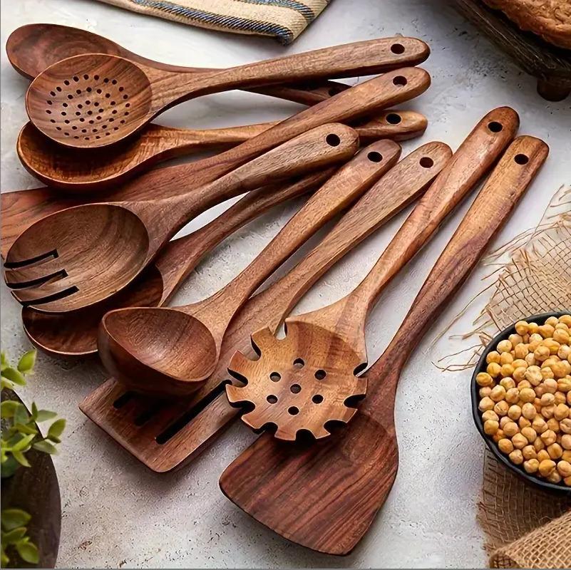 10-Piece Natural Wood Kitchen Utensil Set, Ergonomic Heat Resistant Wooden Cooking Tools, Non-Scratch Spoons & Spatulas for Electric Stoves, Premium Wooden Cookware Accessory, Ideal Kitchen Gift for Home Cooking