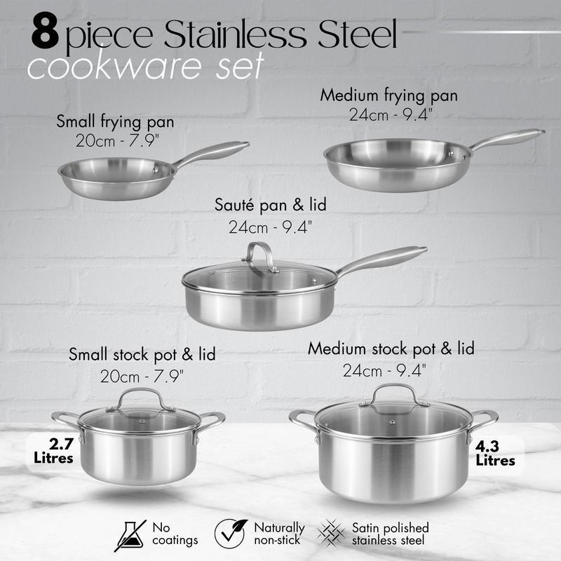 8Pcs Tri‑Ply Stainless Steel Cookware Set, Cooking Pots & Frying Pans with Glass Lids, Universal for Induction Gas Stove, Durable Kitchen Saucepan Set for Home Daily Cooking