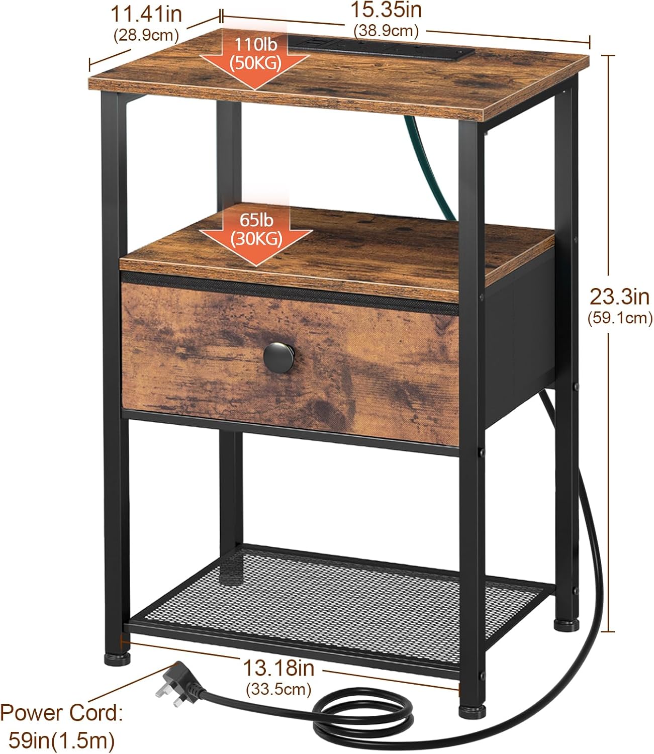 Bedside Table Set of 2 with Charging Station, Nightstand with 2 AC Outlets & USB Ports, Fabric Drawer Night Stand with Open Storage Shelf, Small Side End Table for Bedroom Living Room, Small Space Furniture, Black / Brown