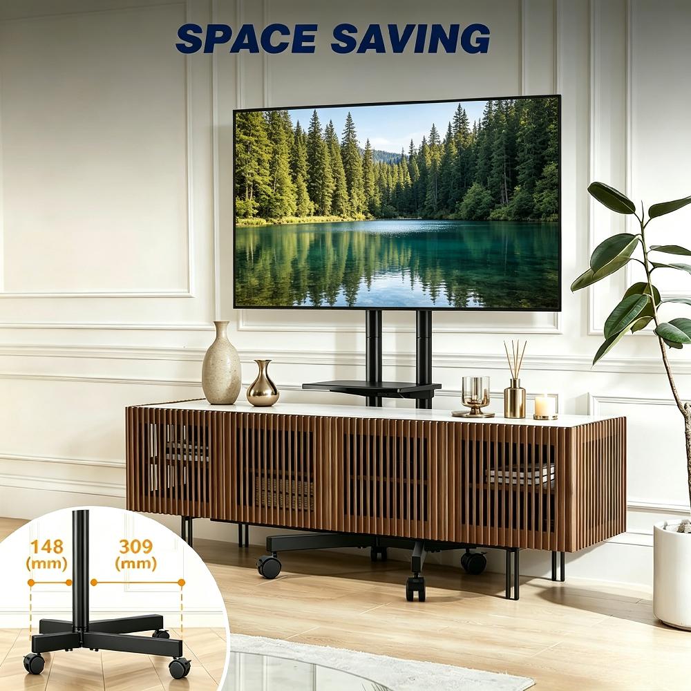Mobile TV Stand with Wheels for 32-75 Inch Flat Screen TVs, Height-Adjustable Corner Floor Stand with Storage Shelf, Max VESA 400x400mm, Supports up to 40kg, Black [Plus A Free Gift]