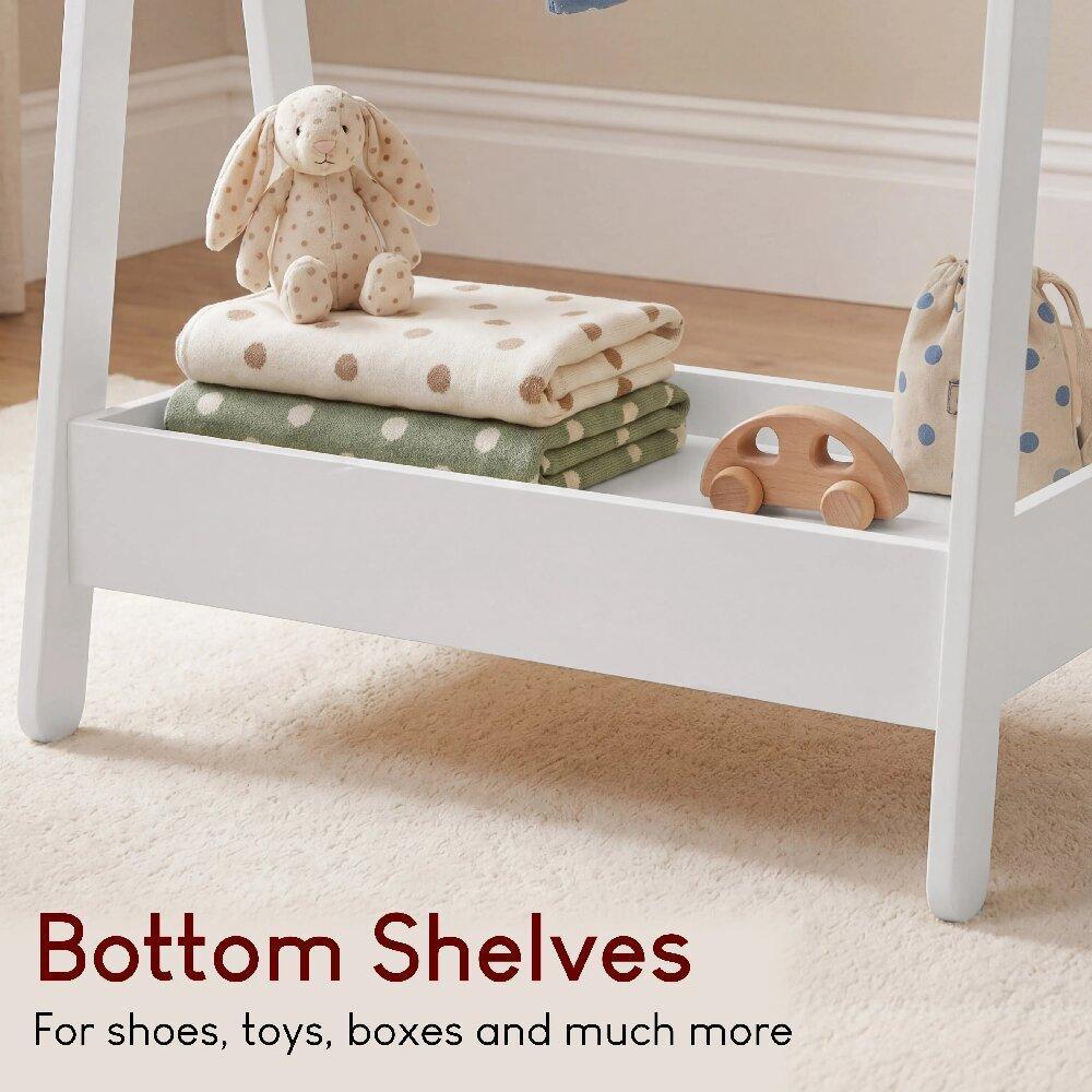 White Solid Pine Wood Kids Clothes Rack with Hanging Rail and Storage Shelf, 99H x 64.5W x 42D cm, Portable Space-Saving Stand for Toys and Footwear, Children's Bedroom Organiser [Plus A Free Gift]